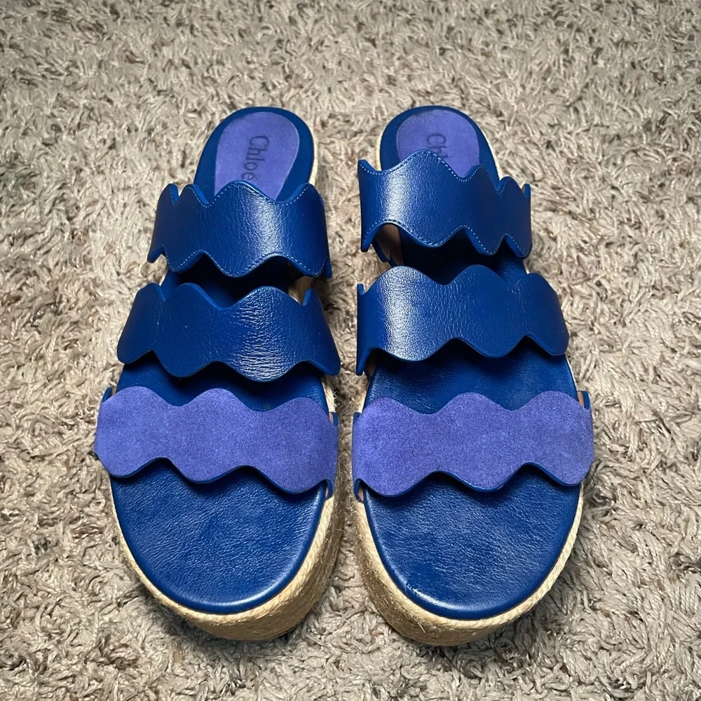 Chloe Lauren Royal Blue Wave Platform espadrille Slide sz 40
